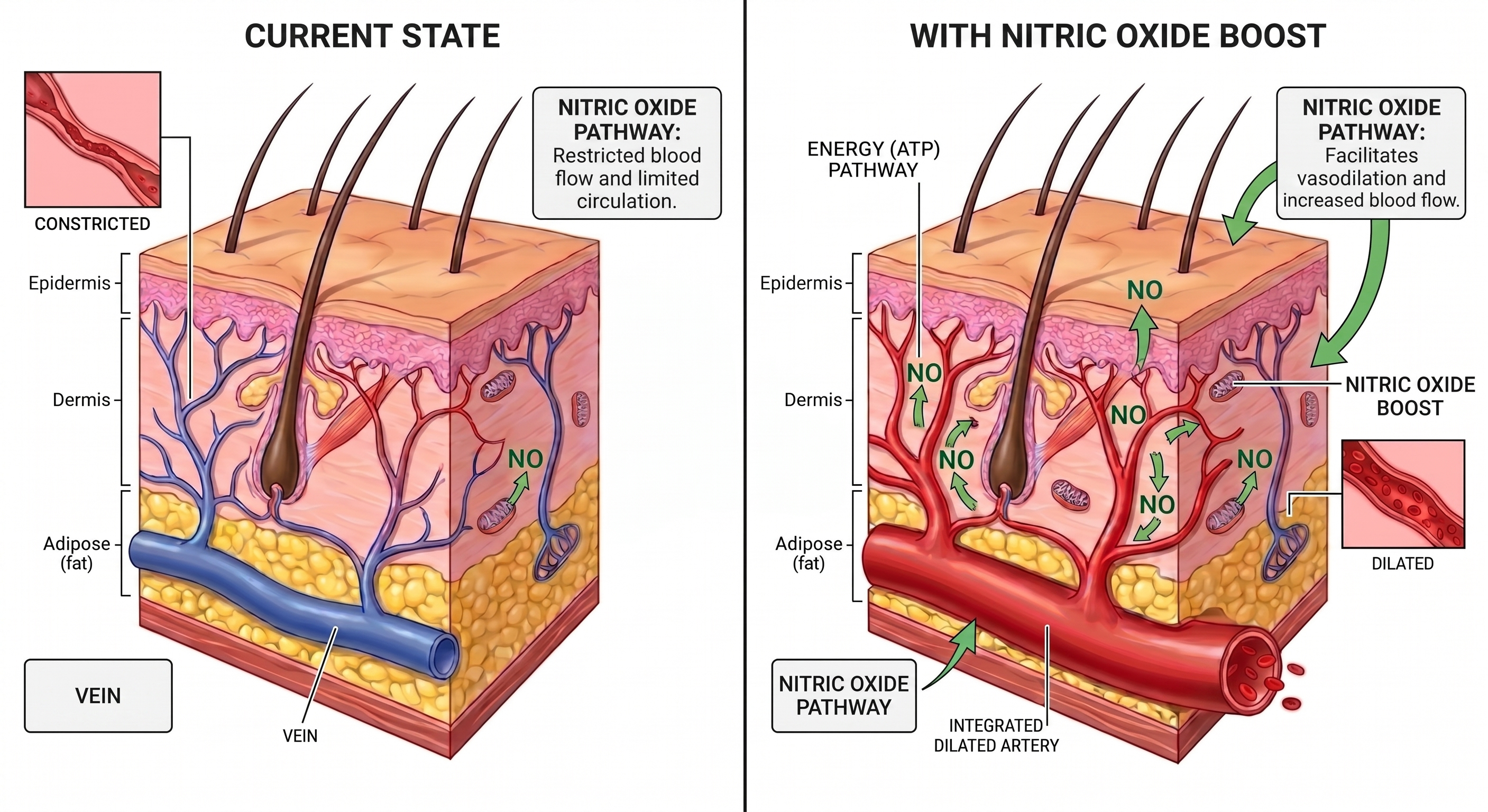 Nitric Oxide Pathway — Current State vs. With Nitric Oxide Boost