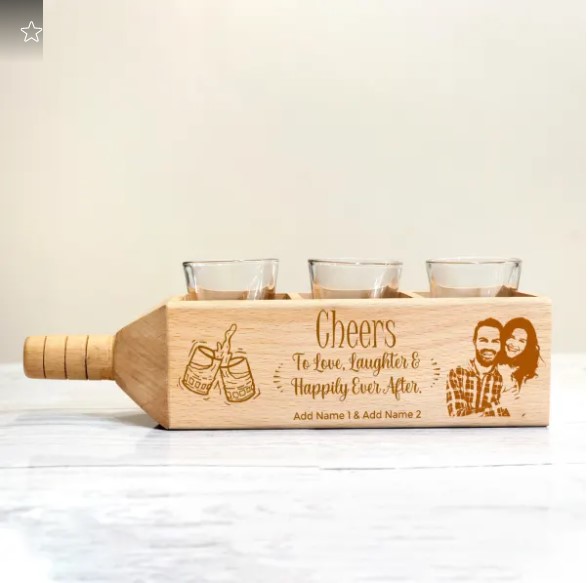 Shot Glasses in Personalized Bottle Shaped Wooden Holder